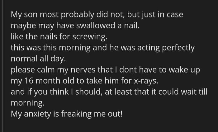 A worried mom posts in a parenting group about her son possibly swallowing a nail, expressing anxiety and exposing themselves.