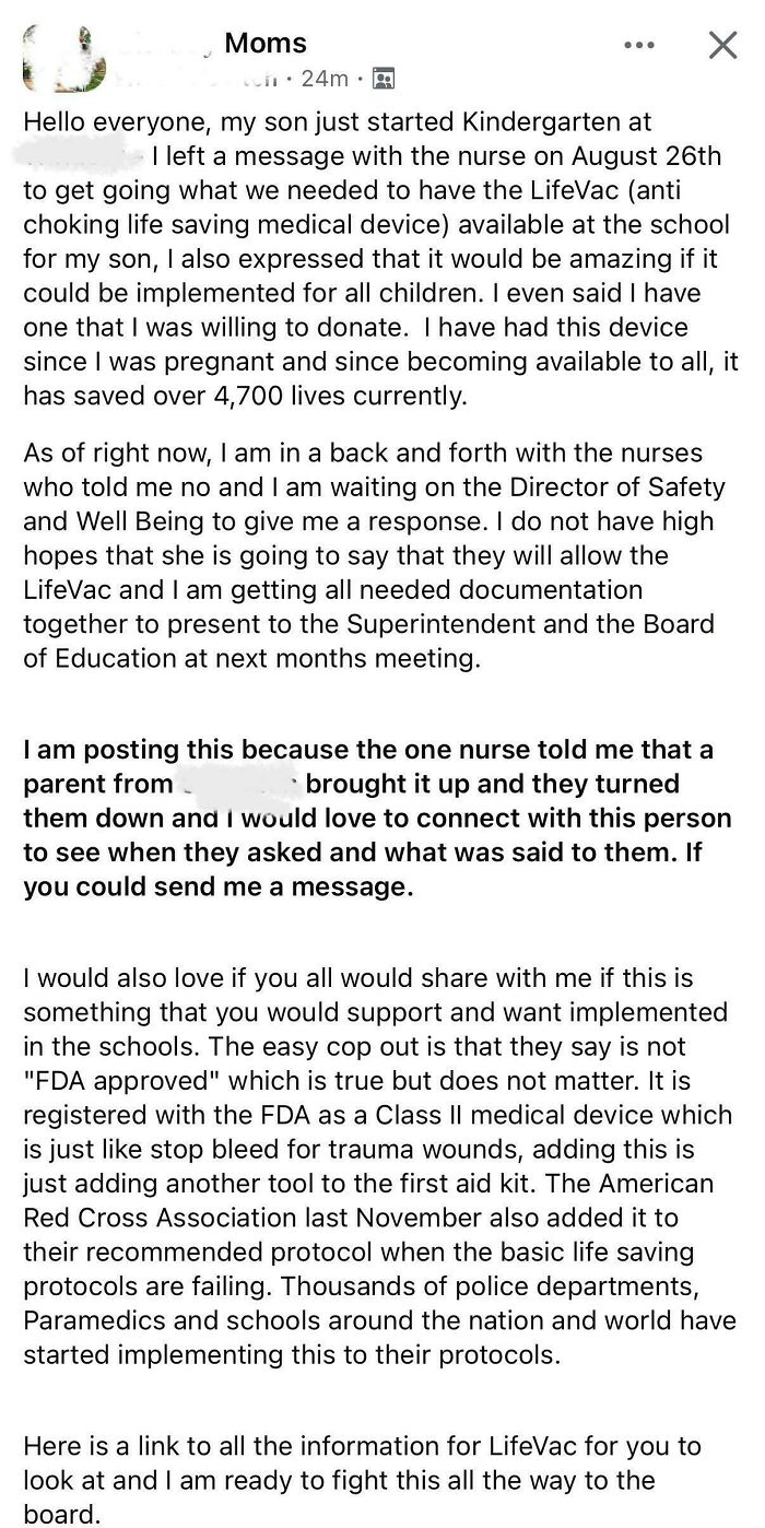 A parent's long post in a parenting group about advocating for a LifeVac anti-choking device at school, exposing themselves.