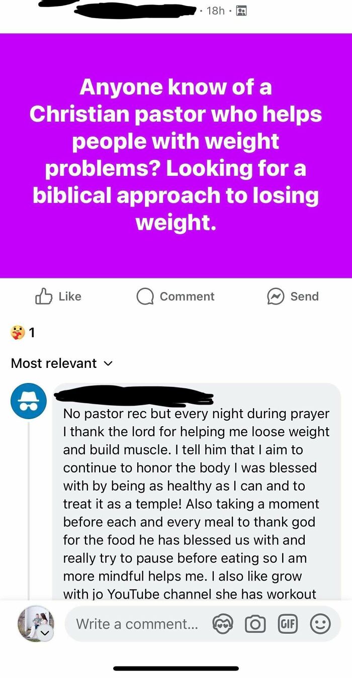 A screenshot of a post asking for a Christian pastor to help with weight problems, reflecting unhinged parenting.