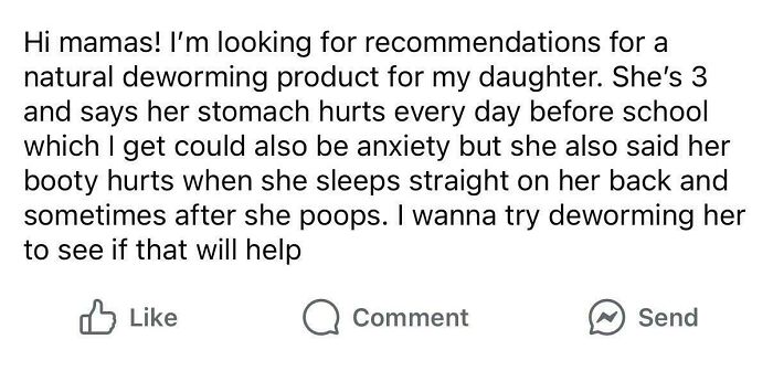 A mom's post in a parenting group asking for natural deworming recommendations, highlighting unhinged parenting.