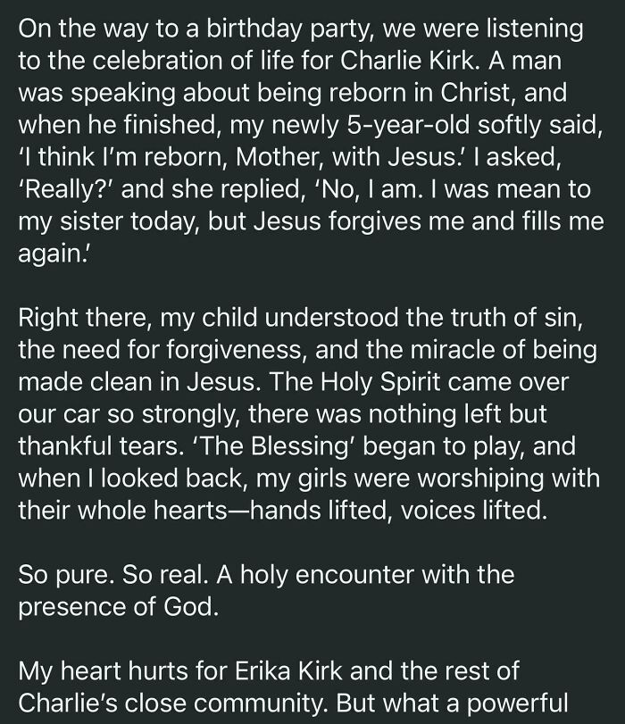A screenshot of a mom's post about her child's spiritual awakening, showcasing unhinged parenting.
