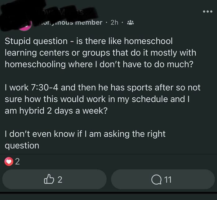 A screenshot from a parenting group showing a mom asking about homeschooling centers with minimal parental involvement.