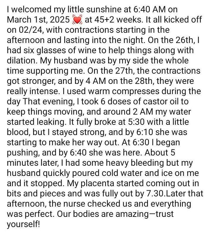 A post from a parenting group describing an irresponsible and unhinged mom's dangerous home birth experience.