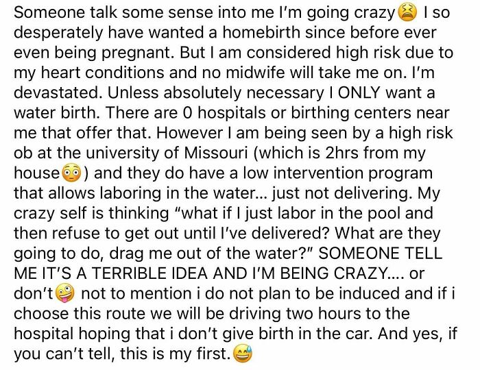 A screenshot from a parenting group showing an unhinged mom asking for advice on a high-risk home water birth.