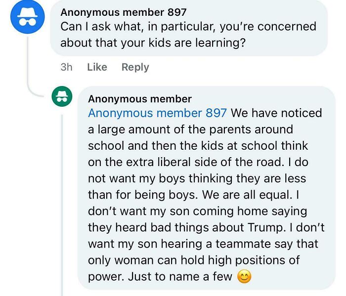 A screenshot of a conversation in a parenting group about irresponsible parenting regarding kids learning about politics and gender.
