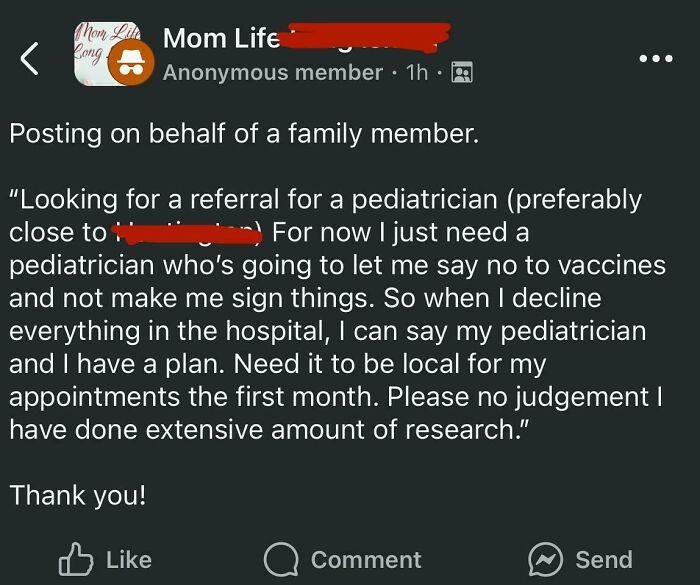 An irresponsible mom seeking a pediatrician who will allow her to decline vaccines for her child.