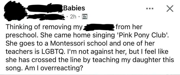 An unhinged mom in a parenting group expressing concern about her child's preschool teacher and a song.