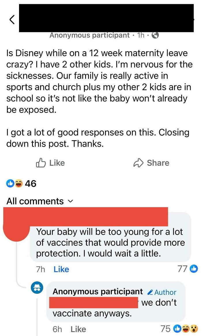 An unhinged mom on a parenting group discussing taking her baby to Disney and refusing vaccines.