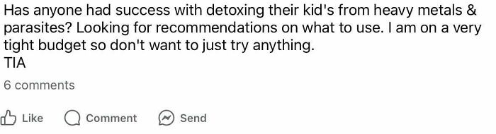A toxic mom asks a parenting group for advice on detoxing her kid from heavy metals and parasites, revealing unhinged parenting.