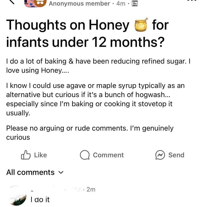 An irresponsible mom asks about feeding honey to infants in a parenting group, showing unhinged parenting advice.