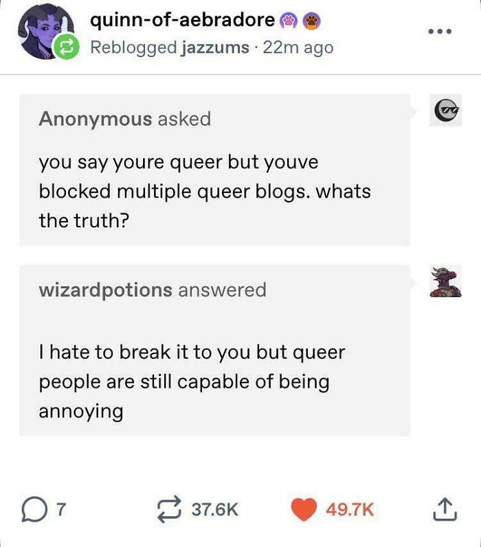 A Tumblr post showing an anonymous question about blocking queer blogs and the witty response from wizardpotions, a Tumblr gem.