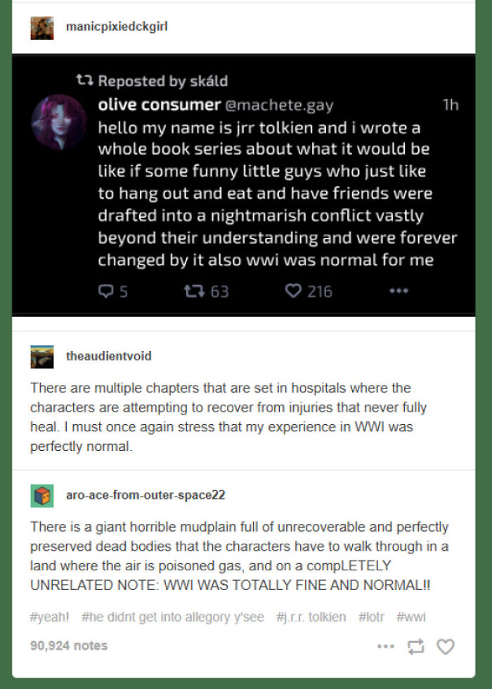 A Tumblr post discussing the interpretation of J.R.R. Tolkien's works as allegories for WWI, a Tumblr gem.
