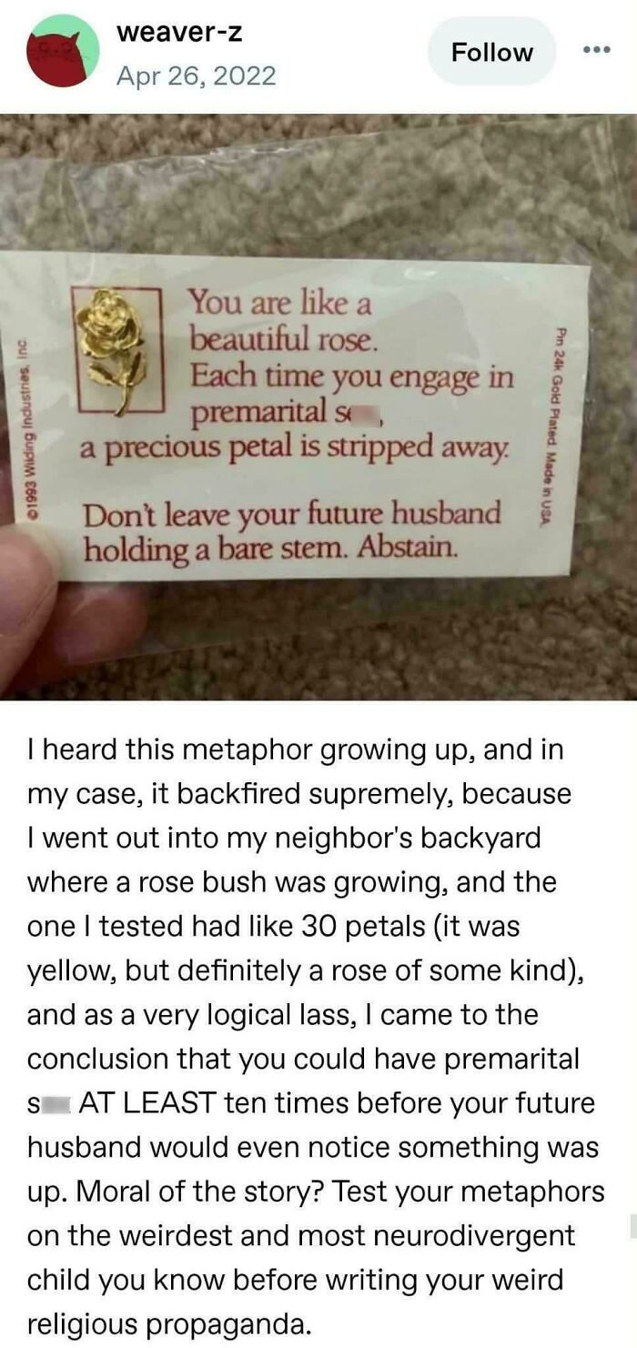 A Tumblr post by weaver-z showing a gold rose pin and a note comparing premarital s*x to rose petals, a wild Tumblr gem.