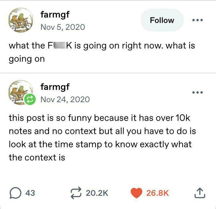 A Tumblr post by farmgf showing a post from Nov 5, 2020, and a reply on Nov 24, 2020, commenting on its context, a wild Tumblr gem.