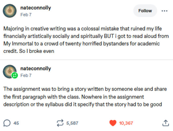 A Tumblr post about majoring in creative writing and reading My Immortal aloud, featuring a popular internet gem.