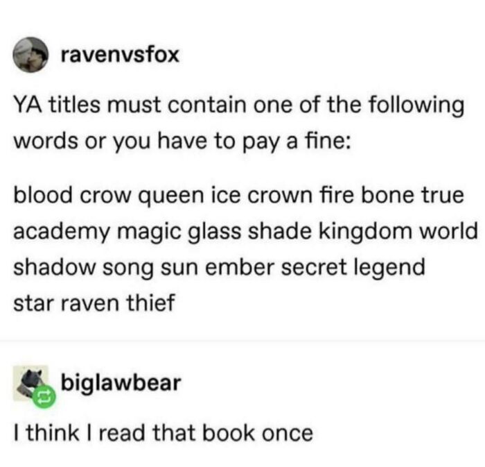 A humorous Tumblr post listing common words found in Young Adult (YA) book titles, highlighting popular internet gems.