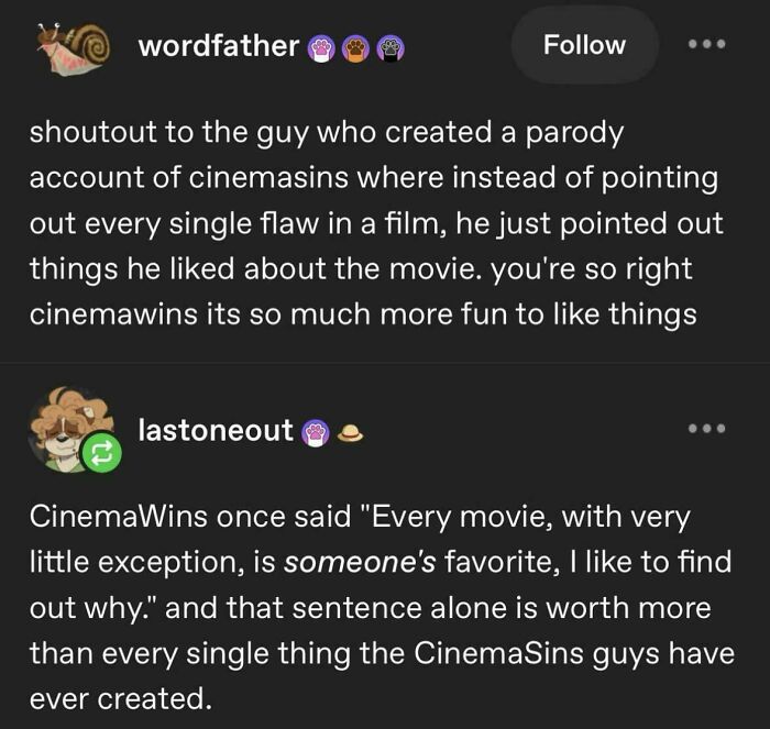 A Tumblr discussion about CinemaWins, a parody account that finds good things in movies, highlighting a positive take on films as internet gems.