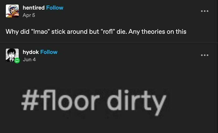 A Tumblr post asking why lmao stuck around but rofl died, with a response saying #floor dirty. These are wild Tumblr gems.