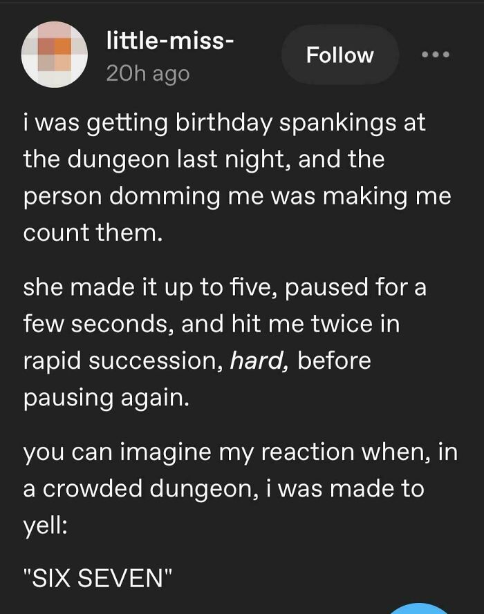 A Tumblr post recounting a humorous and slightly awkward birthday spanking experience in a dungeon. This is a wild Tumblr gem.