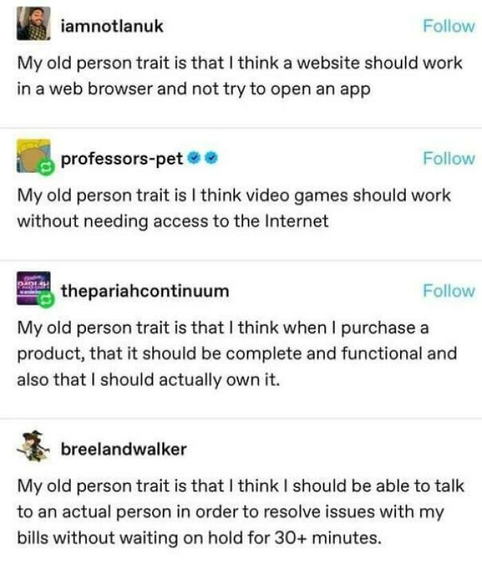 Four different Tumblr posts, each discussing a different aspect of an old person trait. These are wild Tumblr gems.