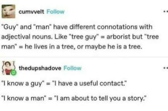 A Tumblr post explaining the different connotations of the words guy and man. A linguistic Tumblr gem.