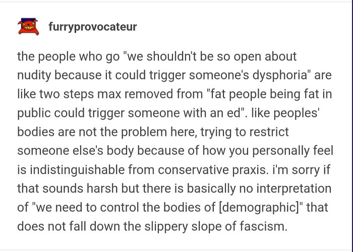 A Tumblr post discussing body autonomy and the slippery slope of fascism. A thought-provoking Tumblr gem.