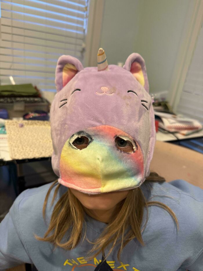 Person wearing a modified plush unicorn hood as a questionable DIY project mask.
