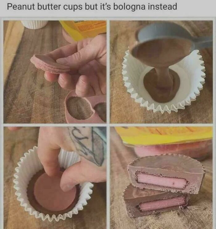 Step-by-step photos of peanut butter cups made with bologna slices, one of many questionable DIY projects.