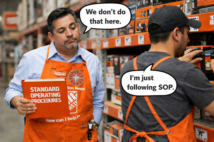 A Home Depot store manager holding standard operating procedures, referencing homedepot employees posts