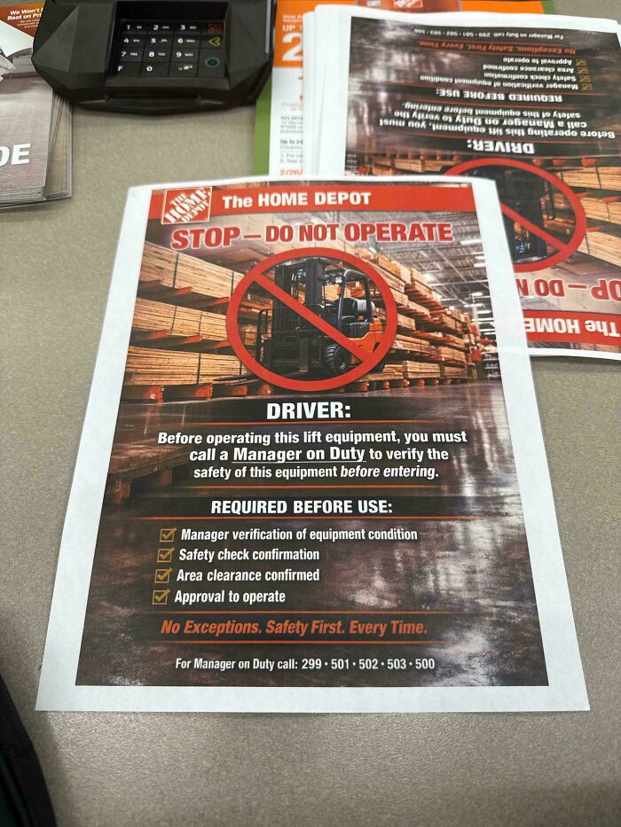 A safety instruction sign about forklift operation, shared in Home Depot employees posts