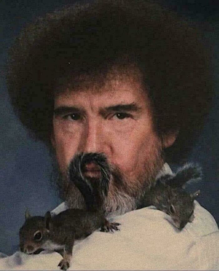A '90s kid meme of Bob Ross with squirrels on his shoulders and one used as his mustache.
