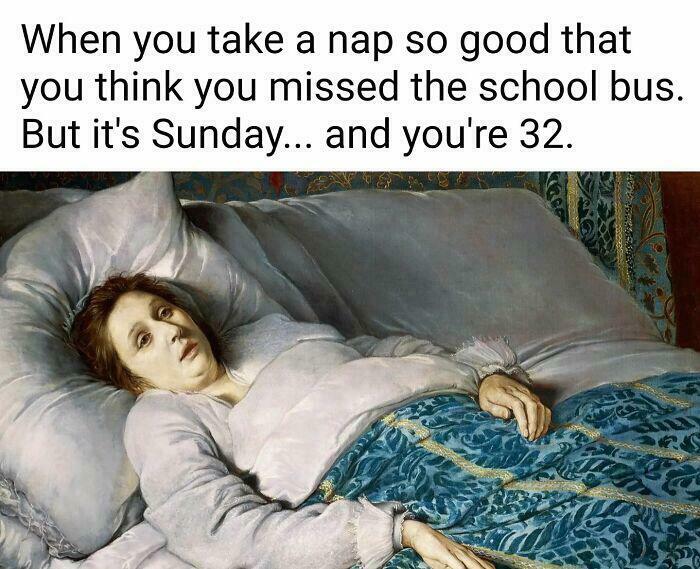 A 90s kid meme depicting a person waking up startled, experiencing nostalgic childhood school bus anxiety.