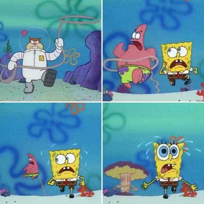 A four-panel SpongeBob meme. Sandy with a lasso, then SpongeBob and Patrick looking scared, perfect for dads.