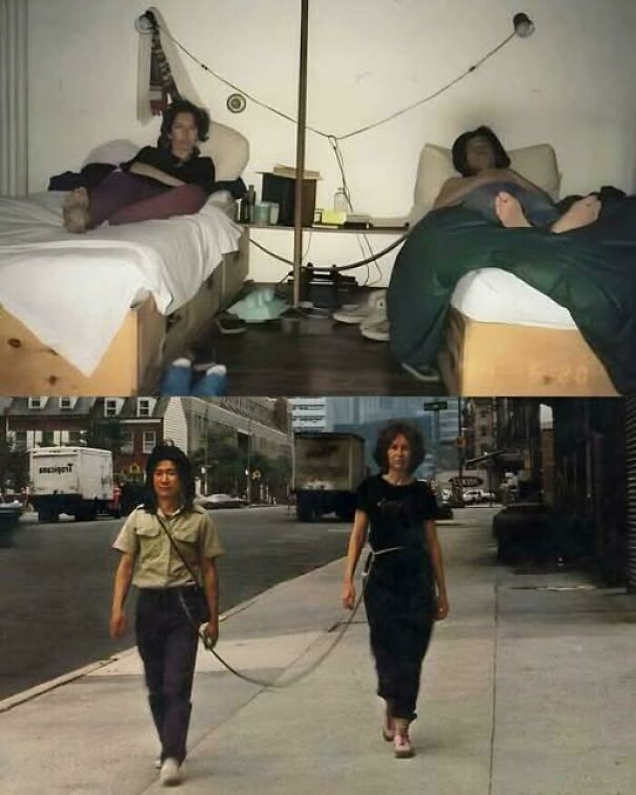 A split image showing two people in beds and then walking connected by a rope, an interesting photo.