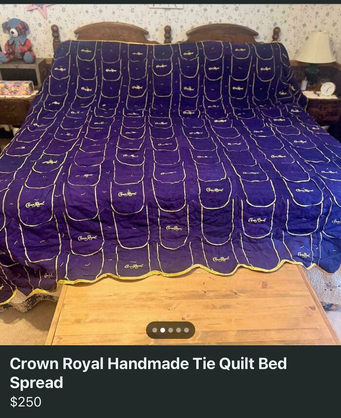 Crown Royal handmade tie quilt bed spread with blue and yellow stitching