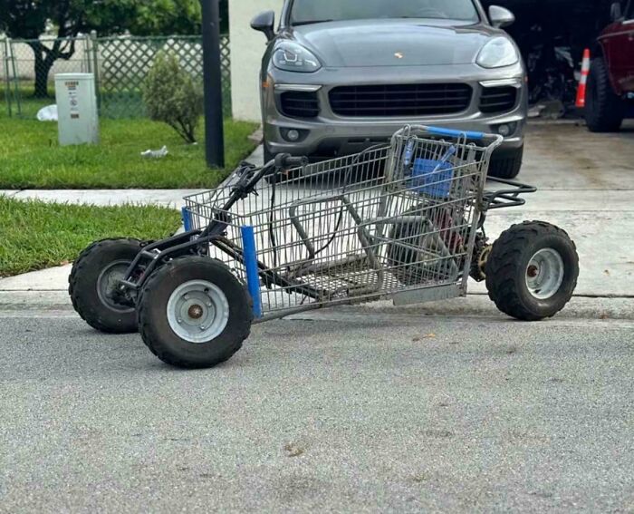 Handcrafted go-kart made from a shopping cart frame