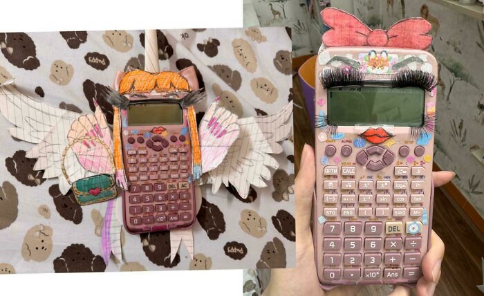 Calculator decorated with wings and eyelashes for creative art