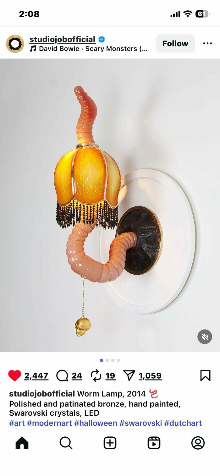 Worm lamp wall light with bronze and Swarovski crystals art design
