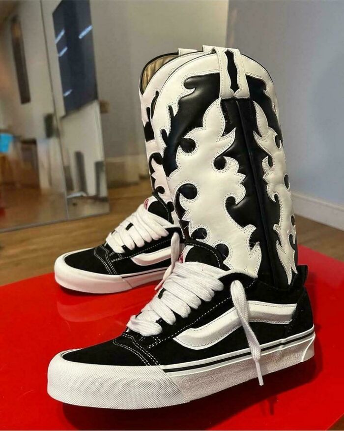 Pair of black and white sneakers combined with western-style cowboy boots