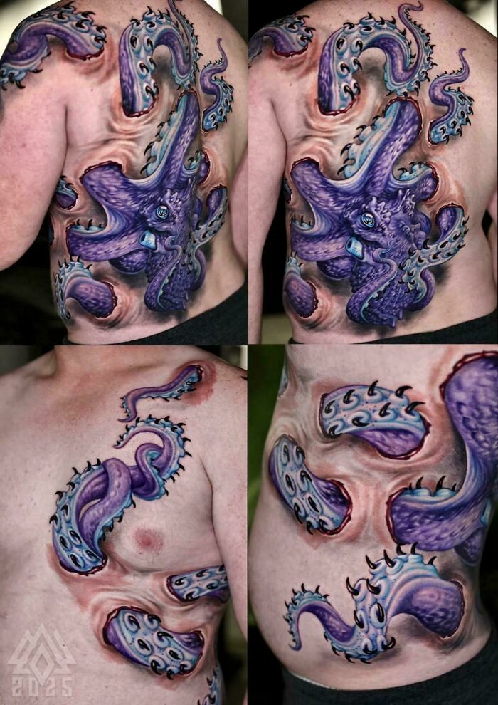 Detailed octopus tattoo covering a person's back and side