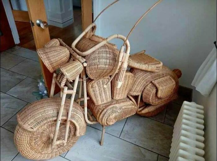 Intricately woven wicker motorcycle showcasing craftsmanship