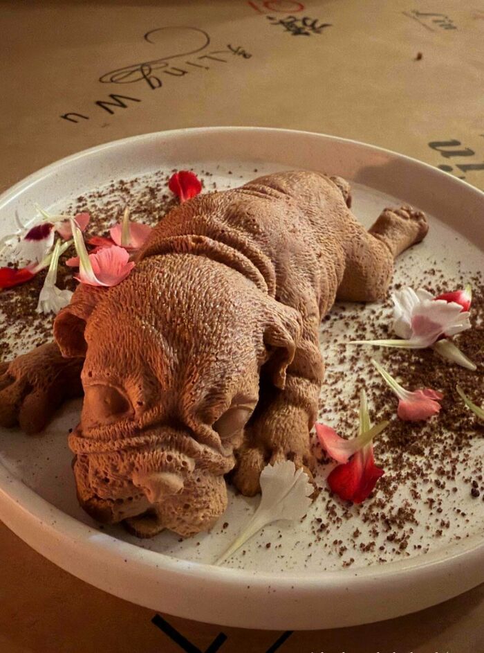 Chocolate dessert shaped like a sleeping puppy on a plate with flower petals