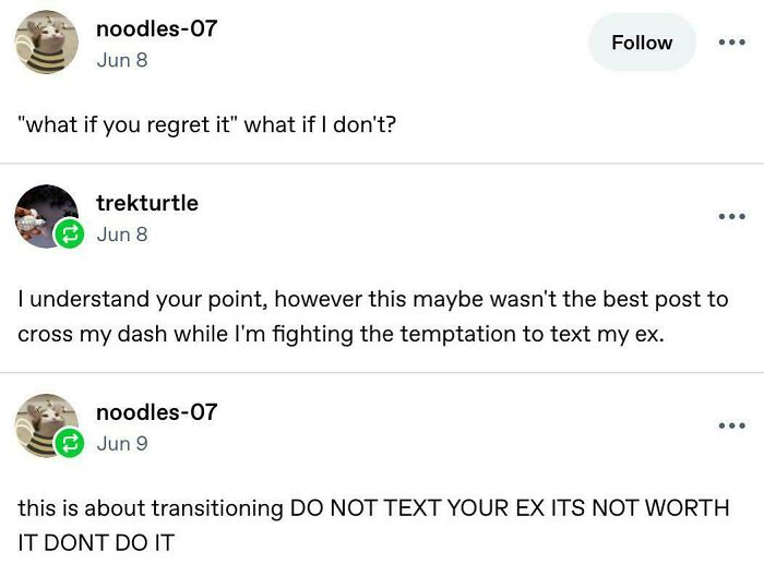 A thread of funny posts on Tumblr about resisting the urge to text an ex, illustrating chaotic posts.
