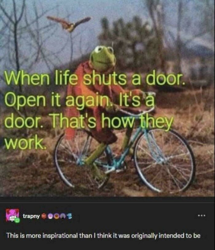 Funny Tumblr post featuring a picture of Kermit the Frog on a bicycle with an inspirational quote about doors