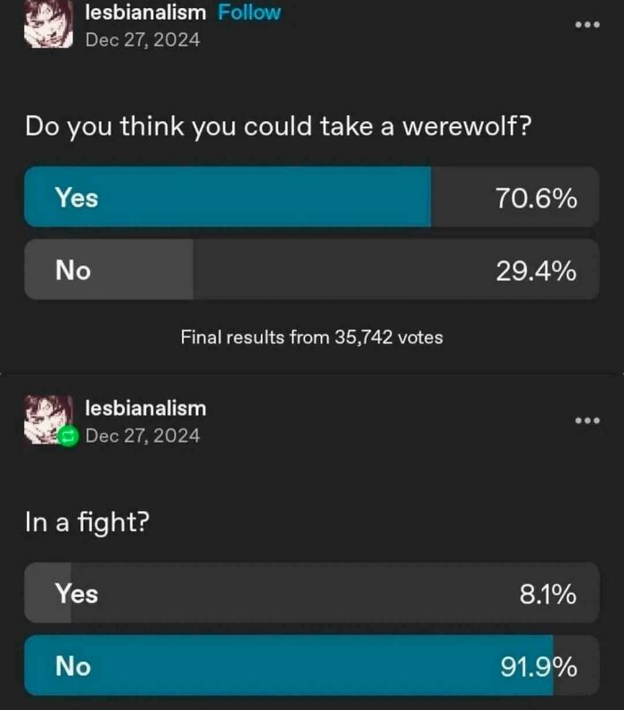 Hilarious Tumblr poll about taking a werewolf in a fight, highlighting silly Tumblr content.