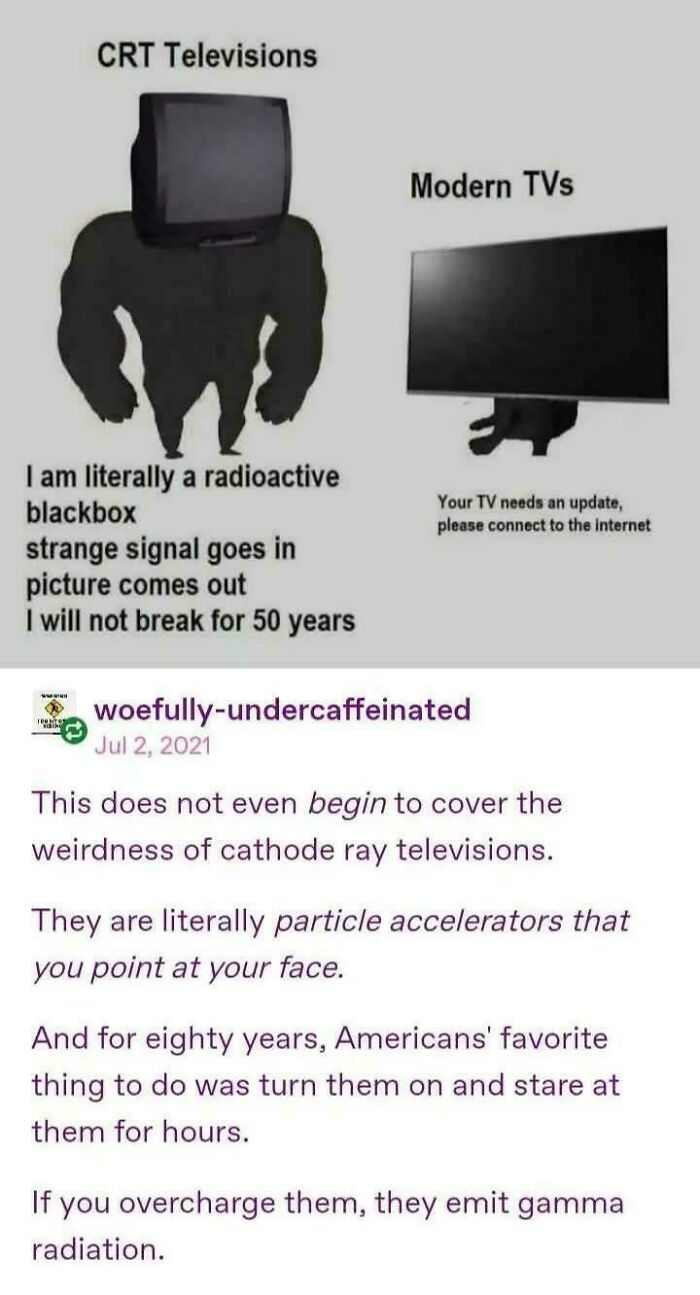Tumblr post about the chaotic history and weirdness of CRT televisions.