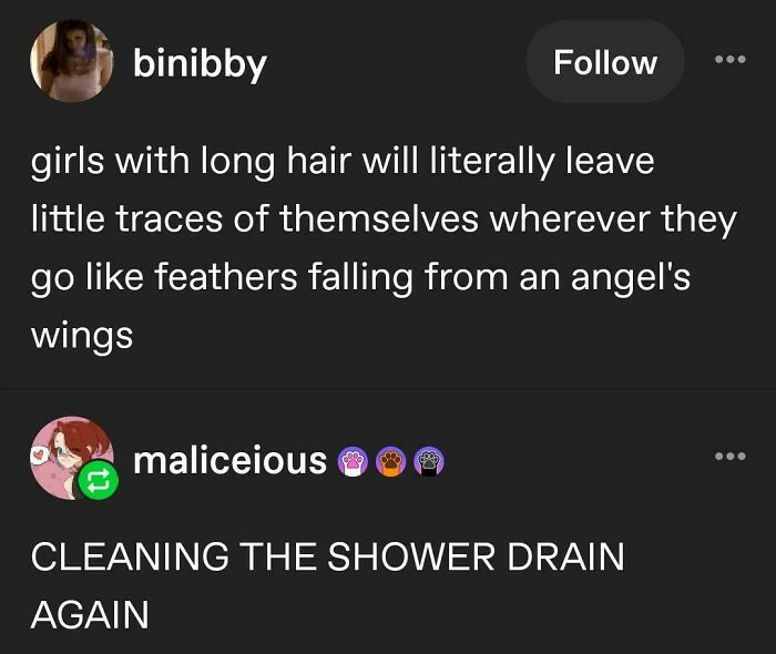 A funny Tumblr exchange about girls with long hair leaving hair in the shower drain.
