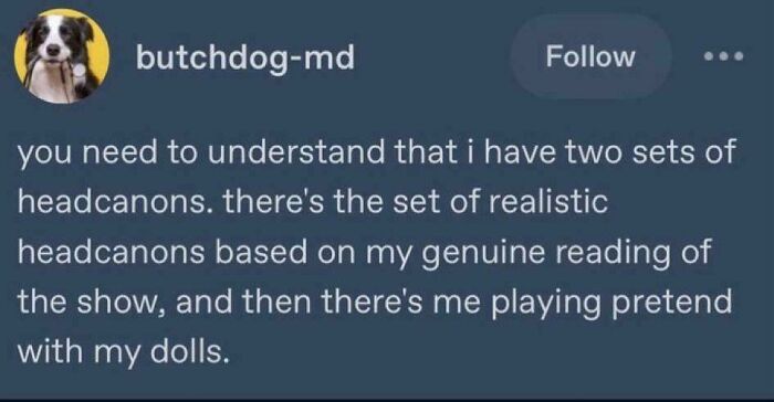 A chaotic Tumblr post discussing realistic headcanons versus playing pretend with dolls.
