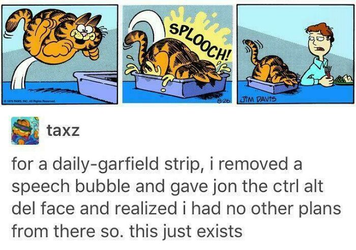 A Tumblr post featuring an edited Garfield comic strip, highlighting chaotic posts.