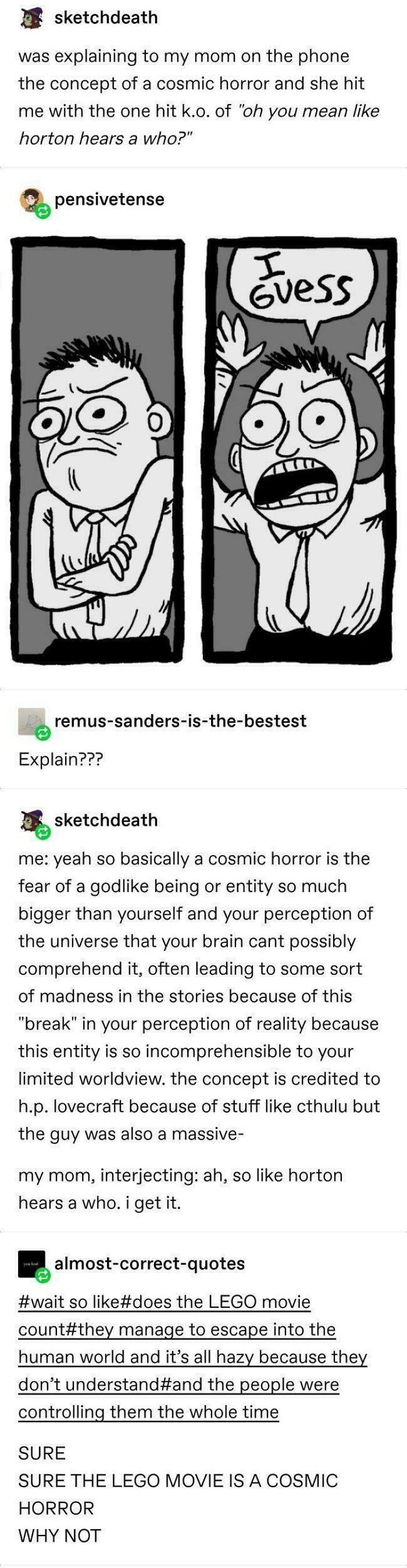Tumblr thread explaining cosmic horror with a comic panel and comparing it to Horton Hears a Who.